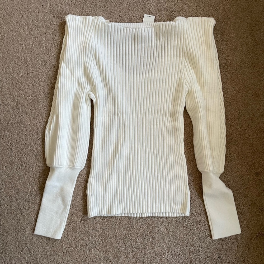Express White Ribbed Sharp Shoulder Balloon Sleev… - image 3